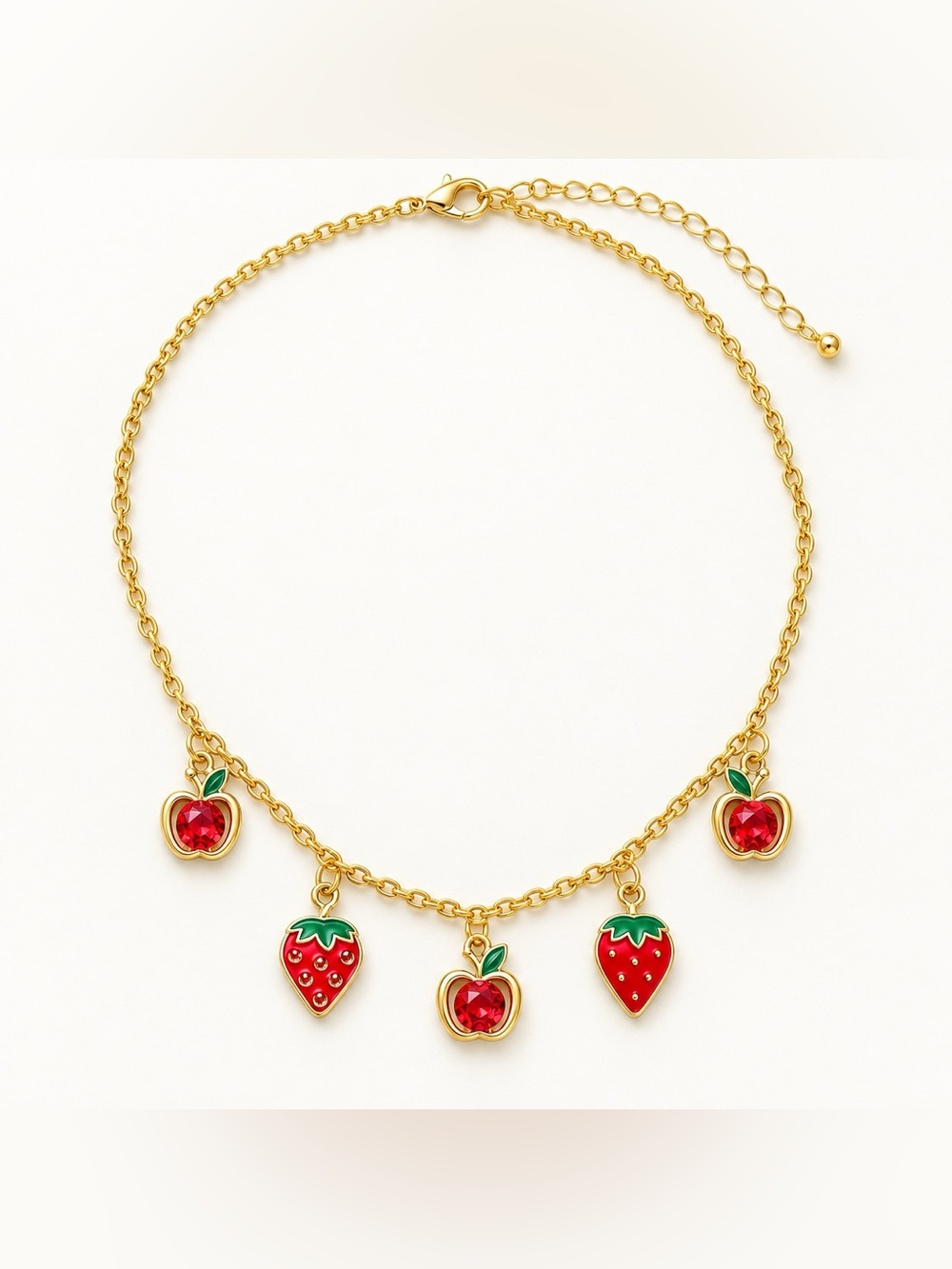 Strawberry & Apple Charm Necklace | Gold Tone Y2K Fruit Kawaii Jewellery